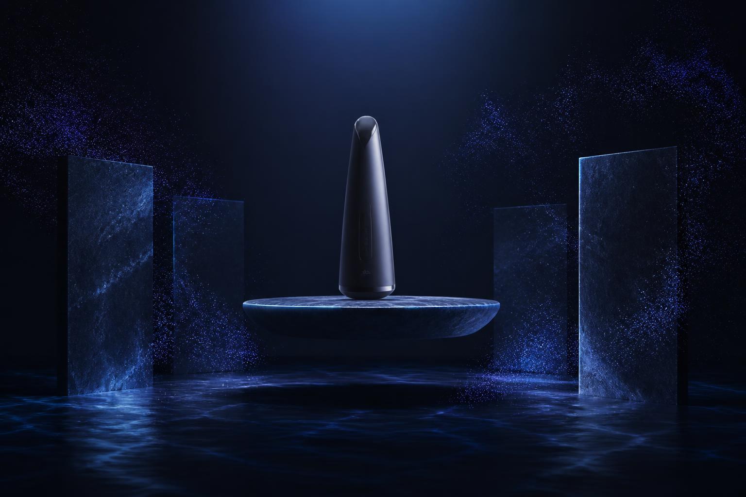 Virtual product launch environment with a floating pedestal and caustic light reflections